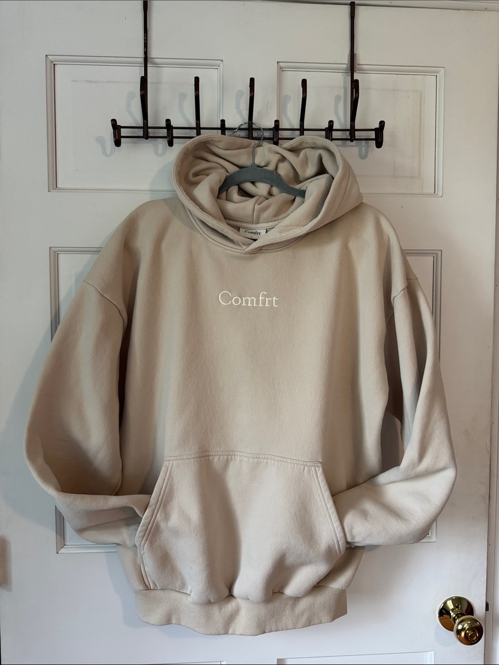 Unisex Crewneck Hoodie in Light Beige - Comfort Embroidered. Size L